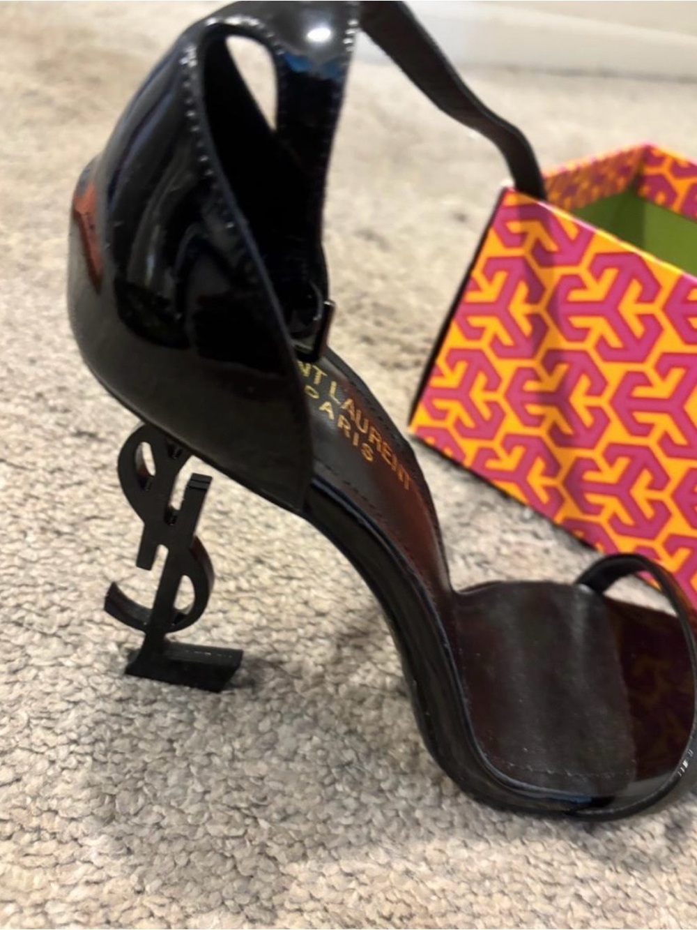 Saint Laurent Black Patent YSL Logo Heel Sandals